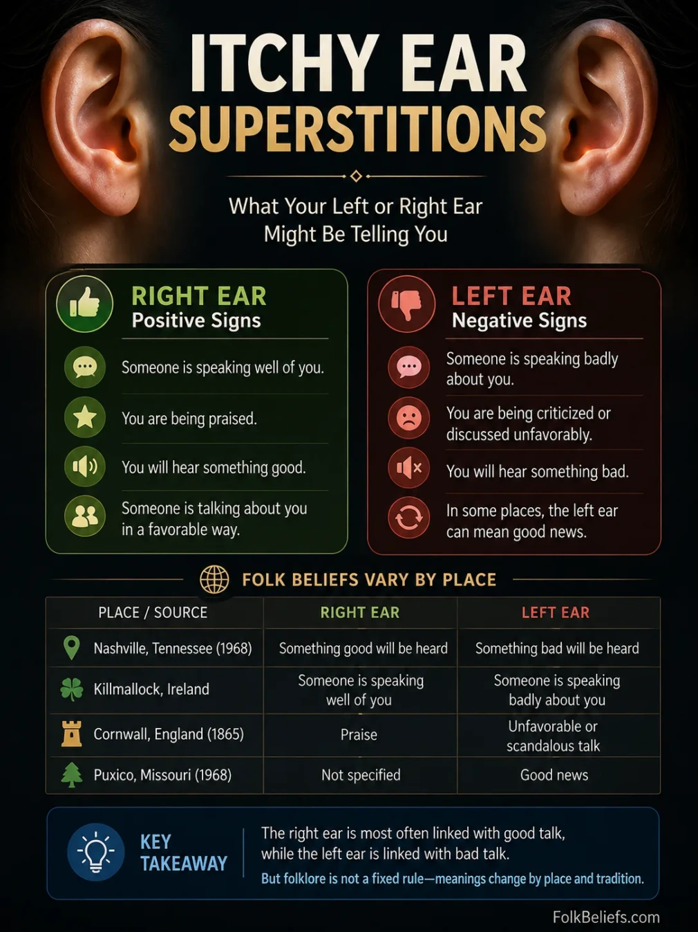 A chart explaining superstitions about itchy ears, with beliefs about the left and right ear in various cultures.