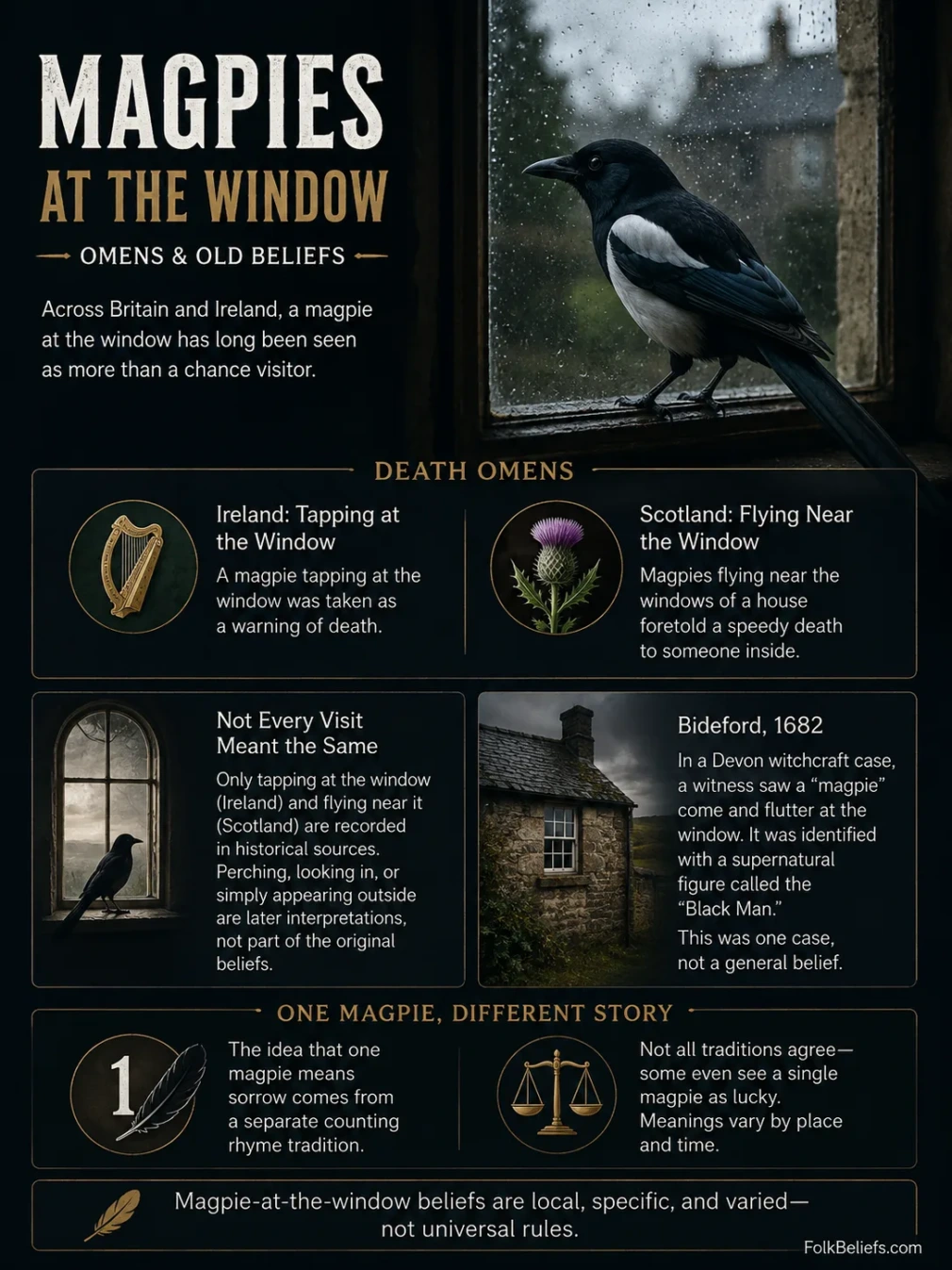 A magpie at the window is believed to be a sign linked to superstitions and good or bad luck.