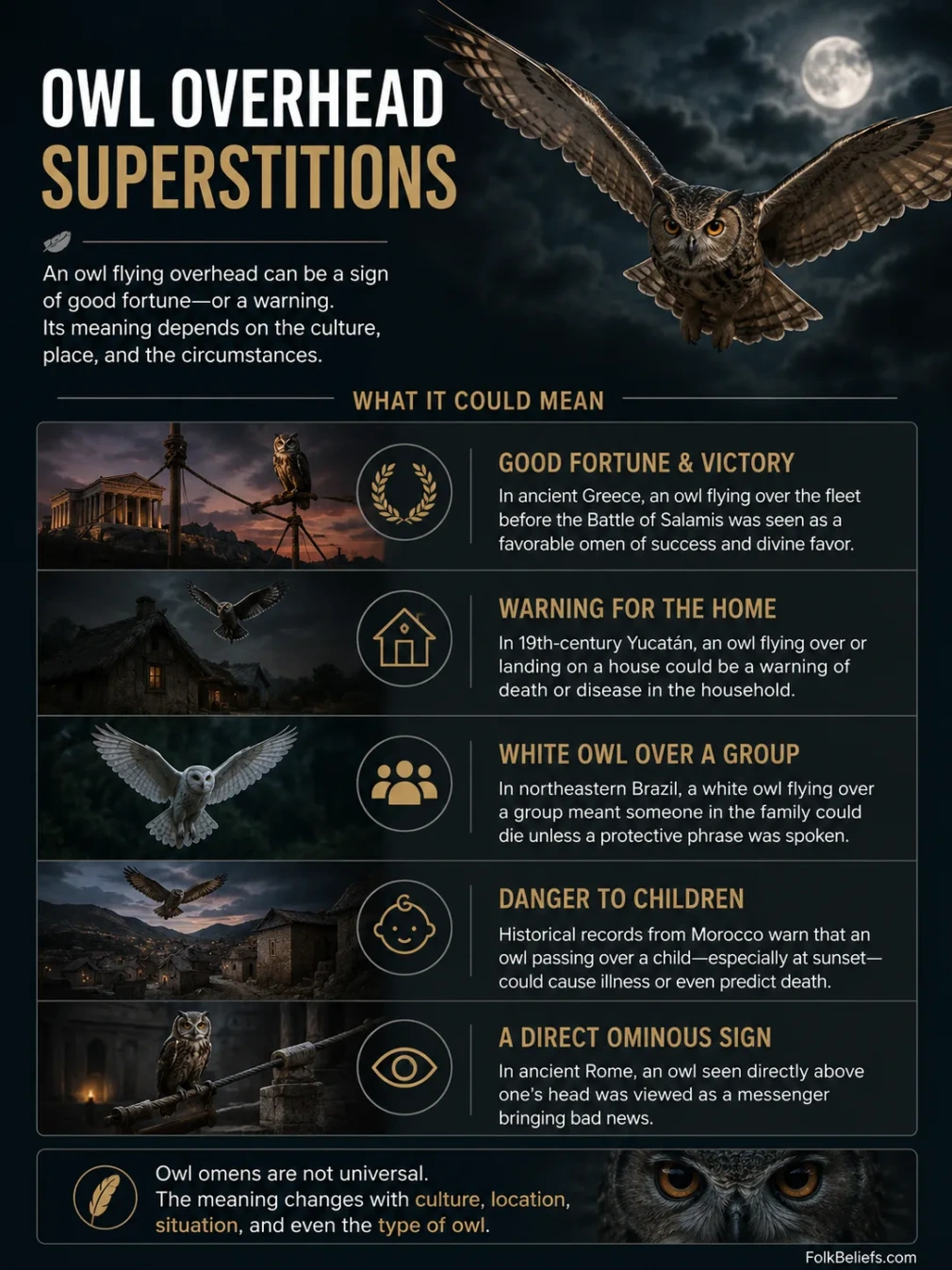 Owl flying overhead symbolizes various superstitions and beliefs across different cultures.