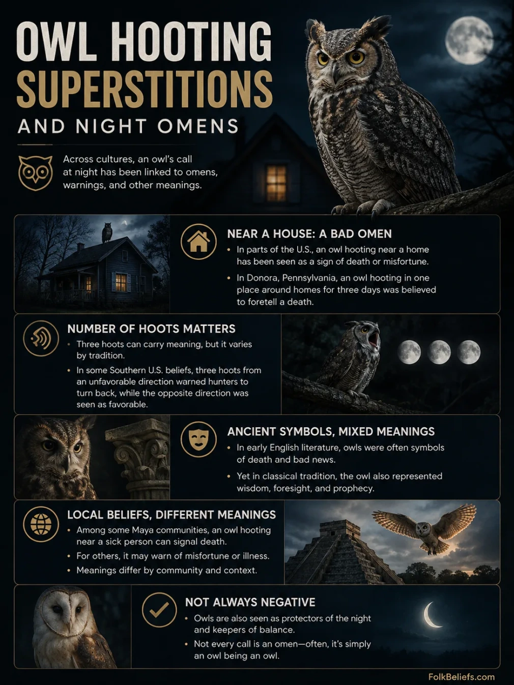 Owl hooting superstitions and night omens are symbolized by a dark forest scene with an owl in flight against a moonlit sky.