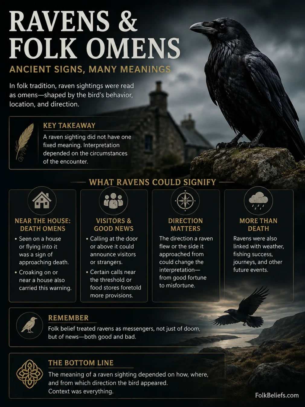 A black raven perched on a tree branch during night, associated with folk omens and myths.