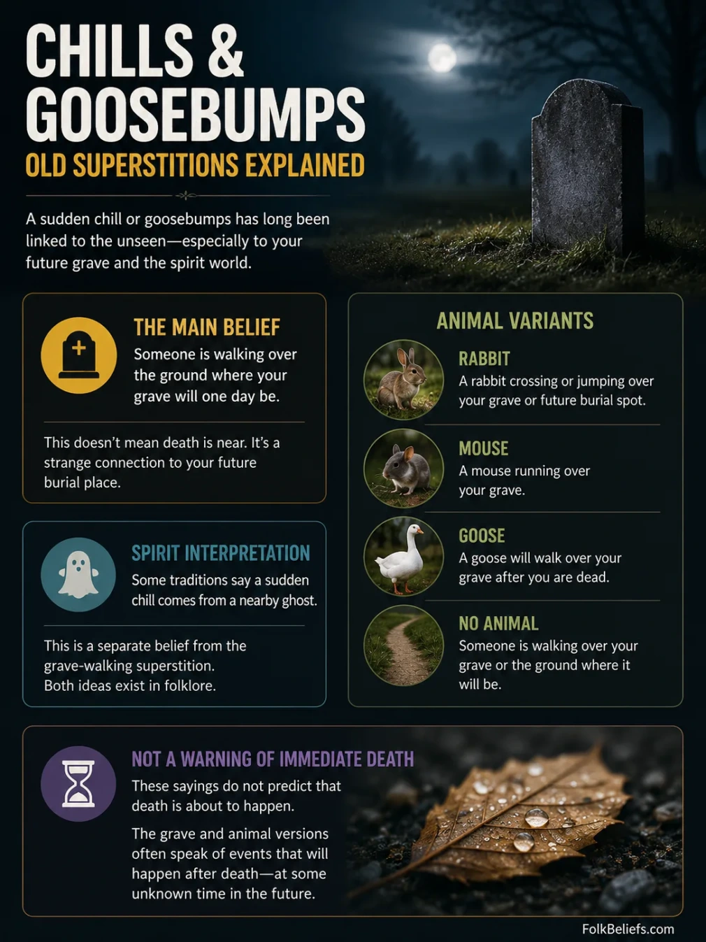 Infographic explaining superstitions related to sudden chills and how people interpret them.