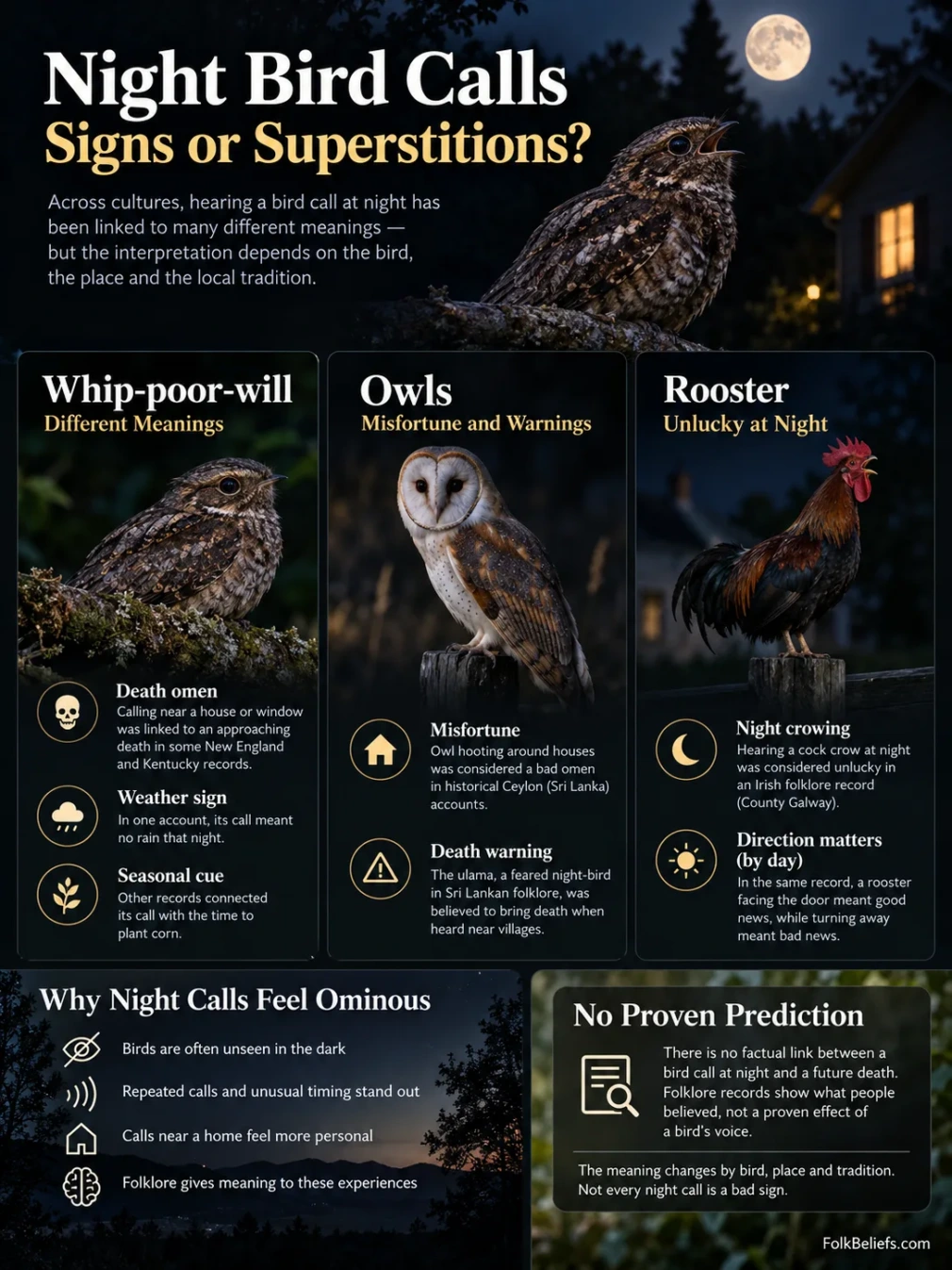 Nighttime bird calling shown in a dark setting, related to superstitions and mysterious beliefs.