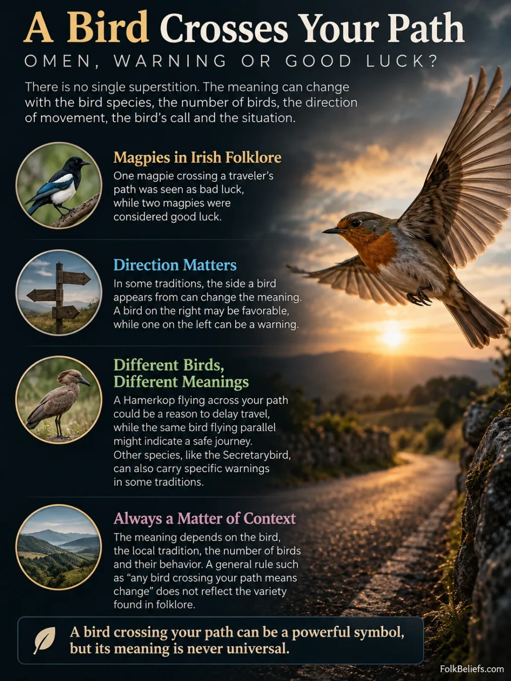 A bird flying across your path is often seen as a sign or superstition in various cultures.