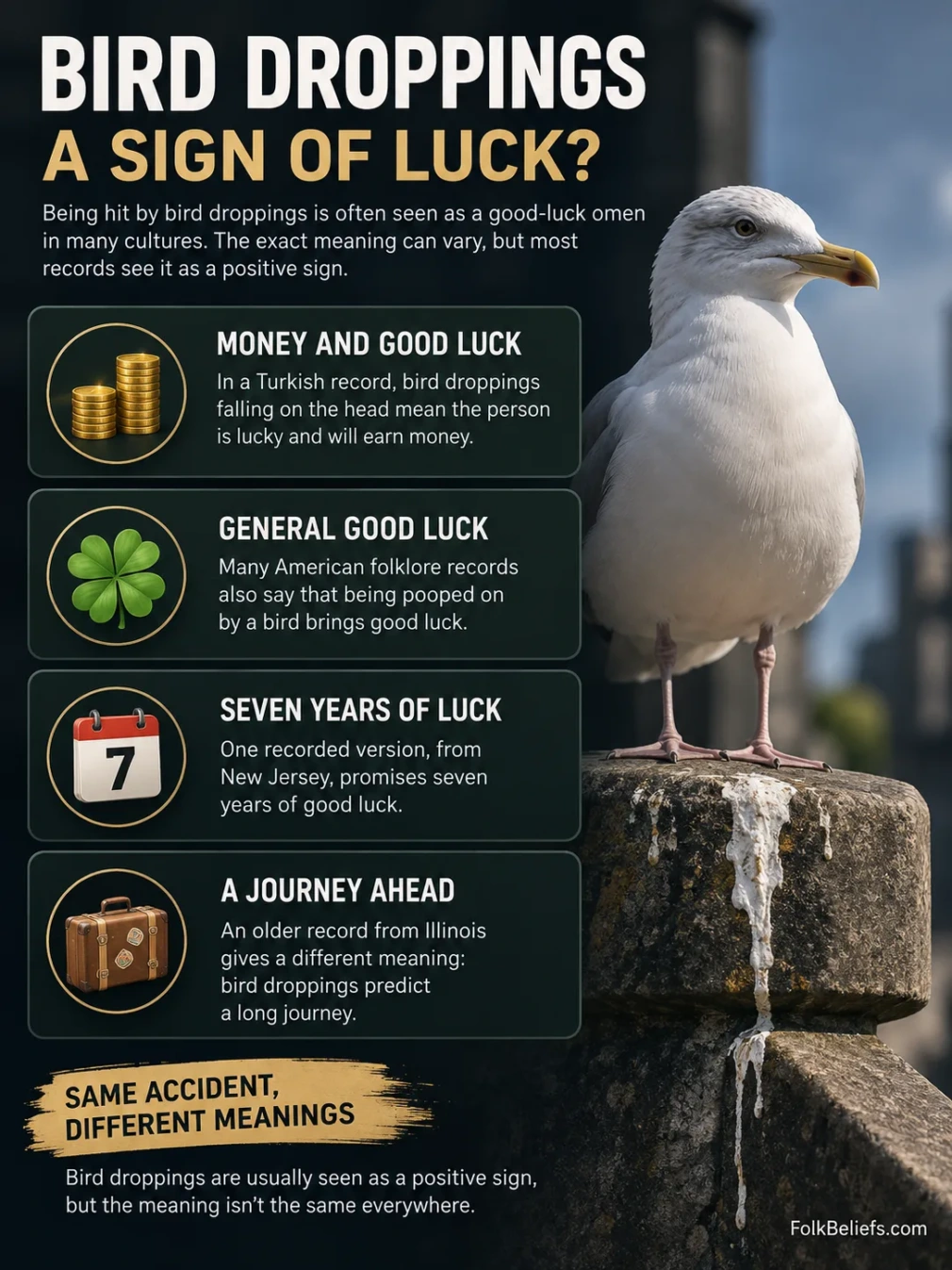 Image of water fountain with bird droppings luck superstitions listed on it.