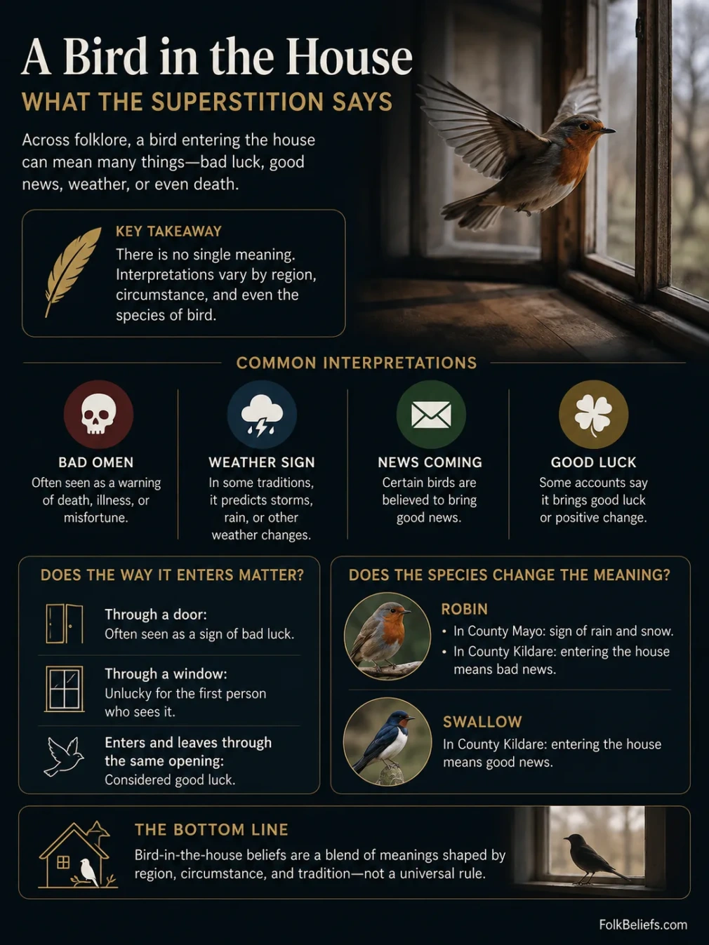 Bird entering the house superstition symbolizes good luck or bad omens, depending on cultural beliefs and context.