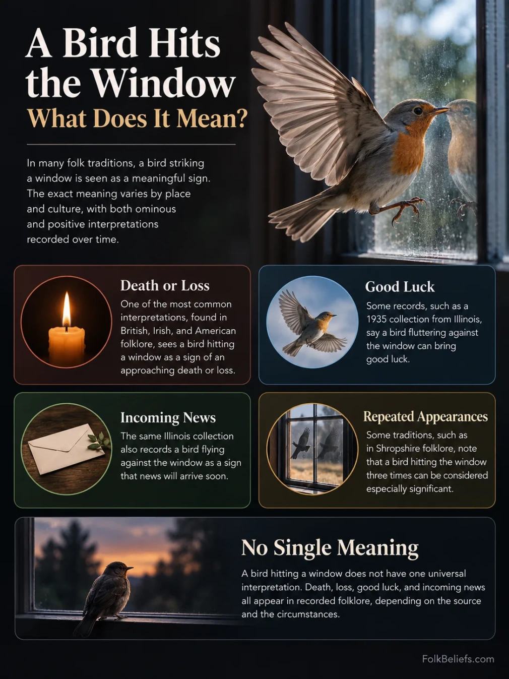 Bird hitting a window is linked to various superstitions and beliefs about luck and omens.