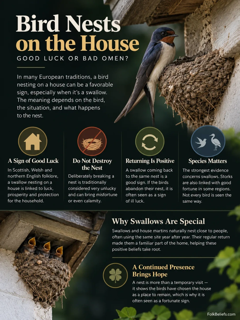 Bird nesting on the house is considered a sign of good luck and prosperity in many superstitions.