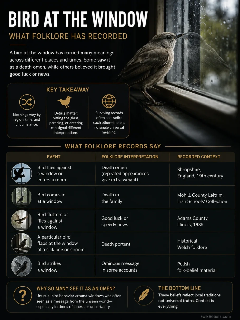 A bird at the window is considered a sign of superstition and good or bad luck.