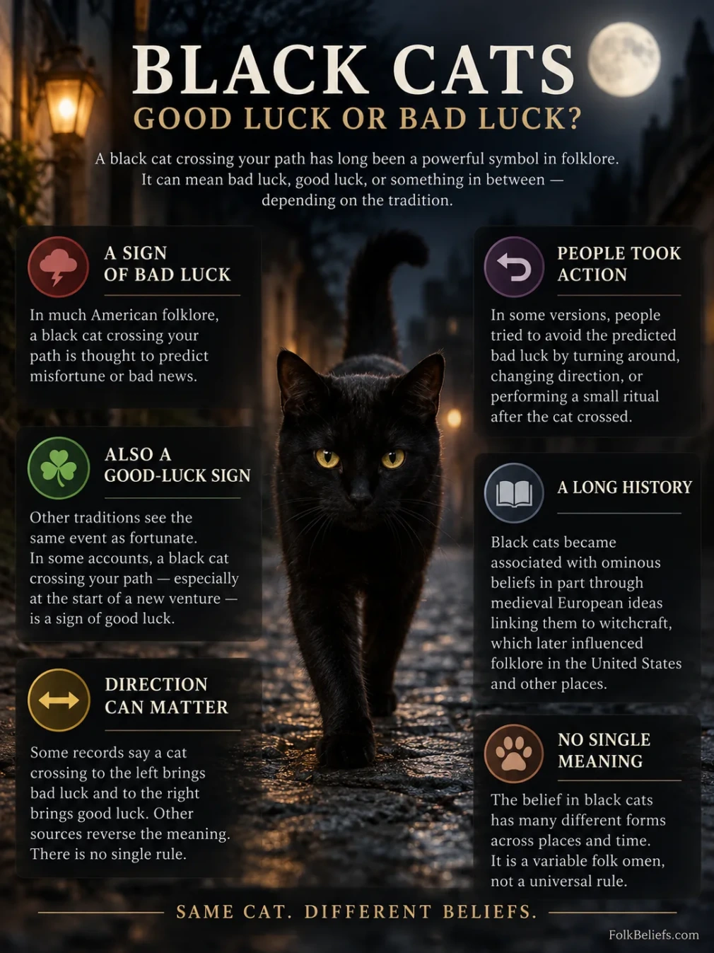 Black cat crossing your path superstition with tips on what to do and common beliefs associated with it.