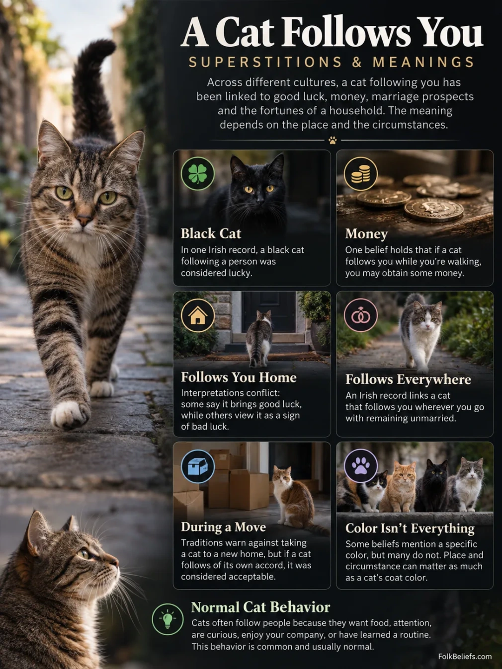 A cat walking close behind you, often seen as a superstition about good luck or bad omens.