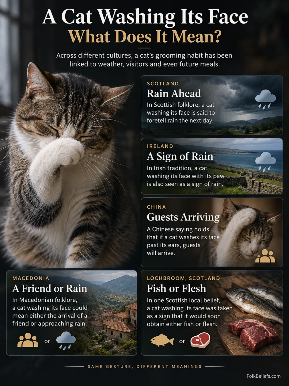 Close-up of a cat washing its face, linked to superstitions about cats cleaning themselves.