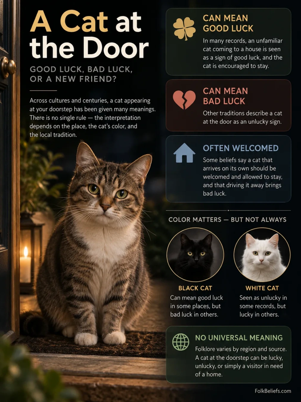 Clearing superstition about a cat at the doorstep with images of cats and related symbols.