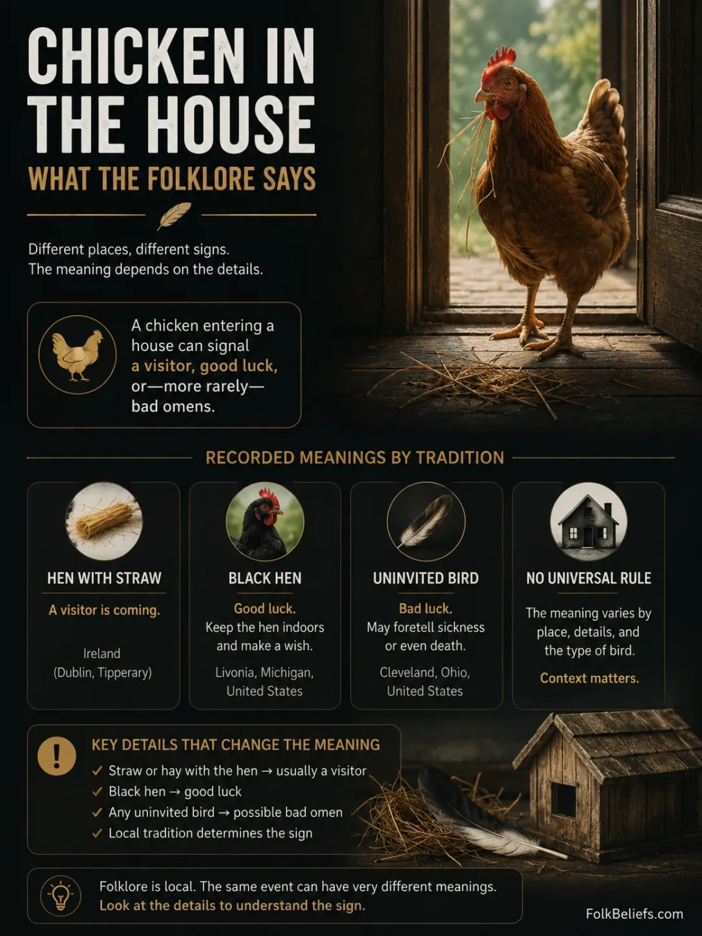 Chicken entering the house superstition often believed to bring good luck or ward off evil spirits.