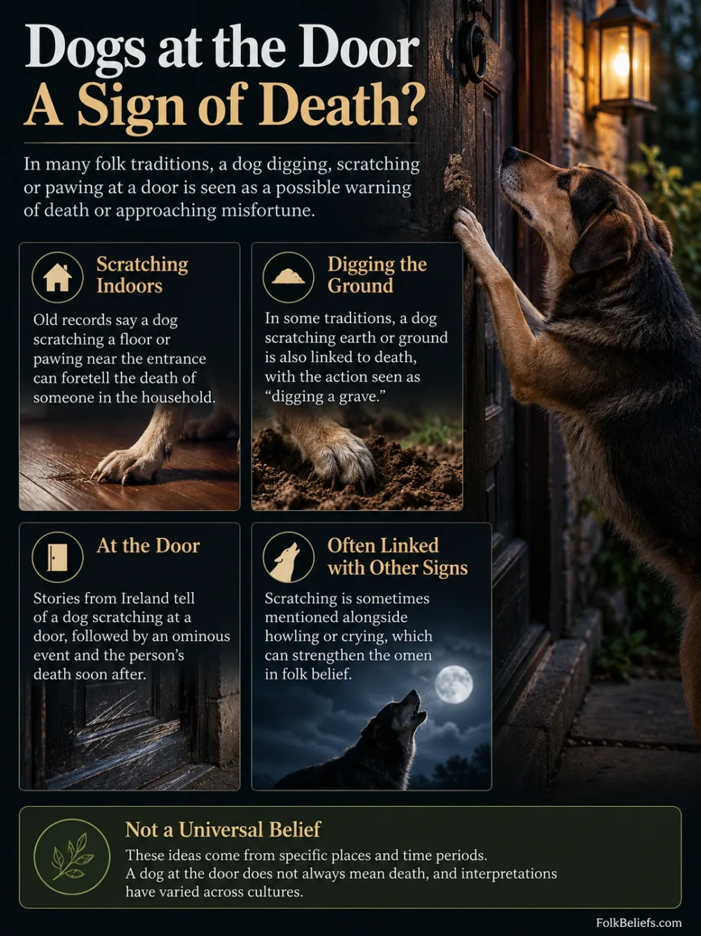Dog digging at the door is linked to various superstitions about luck and spiritual beliefs.