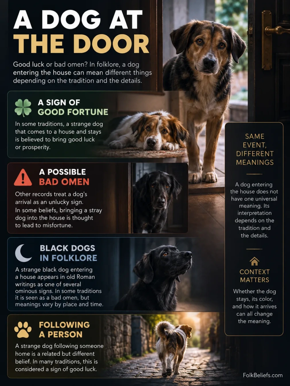 Dog entering the house is considered a superstition associated with good fortune or bad omens.