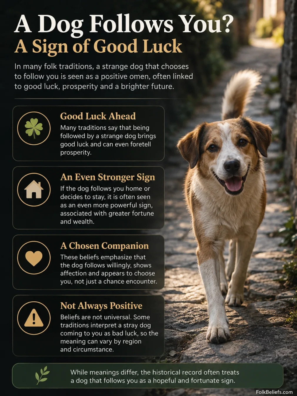 Dog following you superstition explained with a happy dog walking alongside a person.