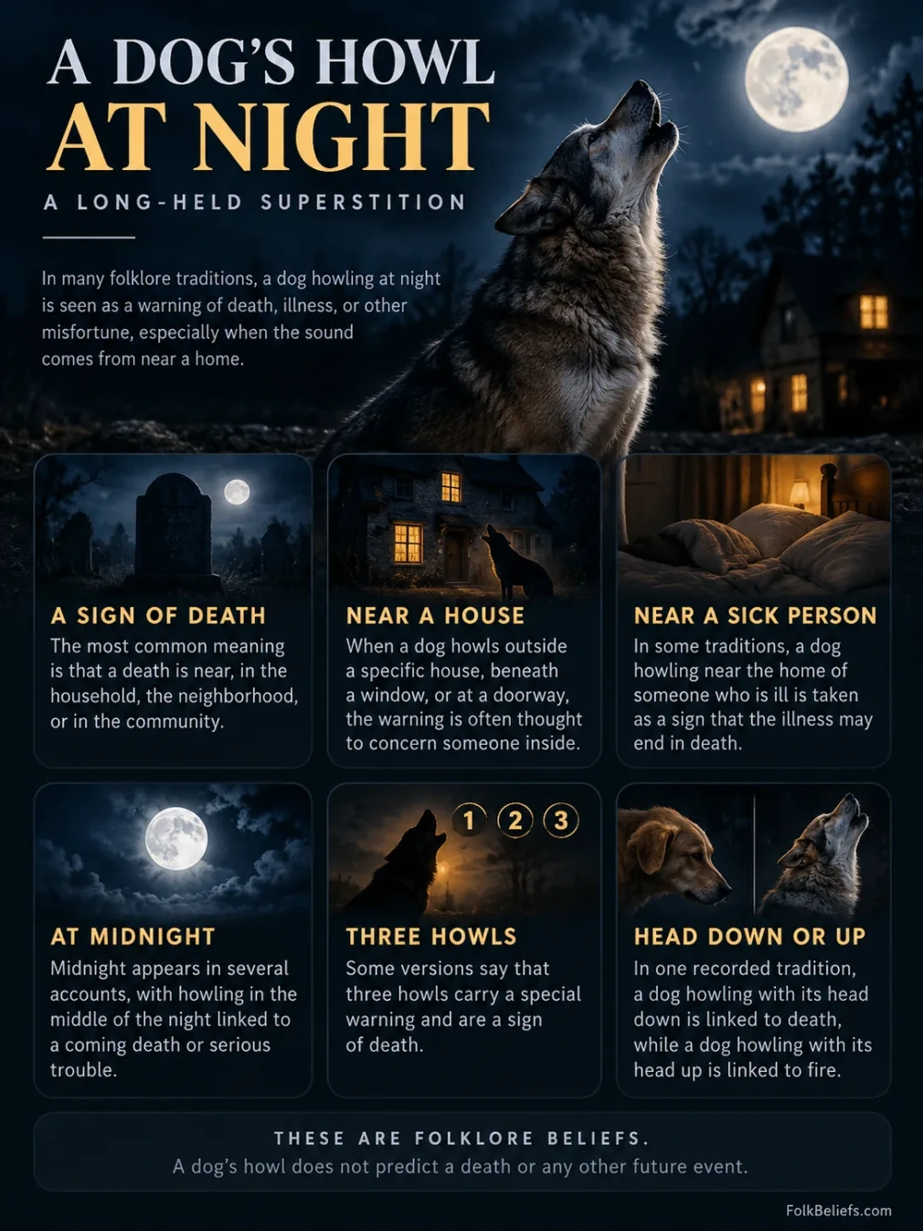 Dog howling at night is considered a superstition linked to spirits or omens in many cultures.