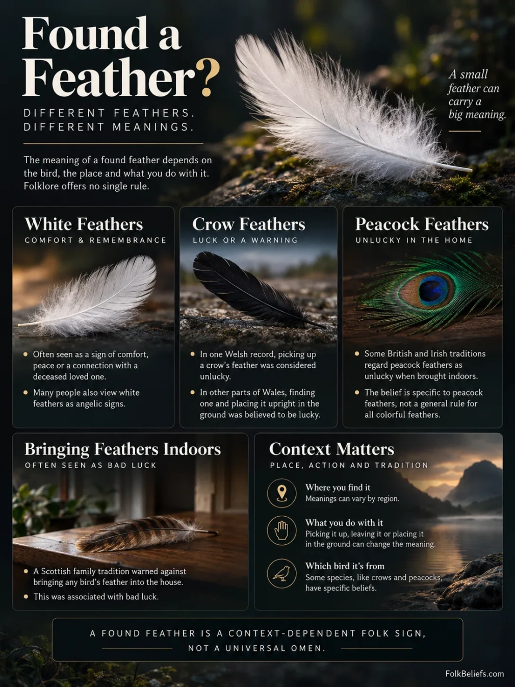 Finding a feather is often believed to be a sign from spirits or loved ones in various folk superstitions.