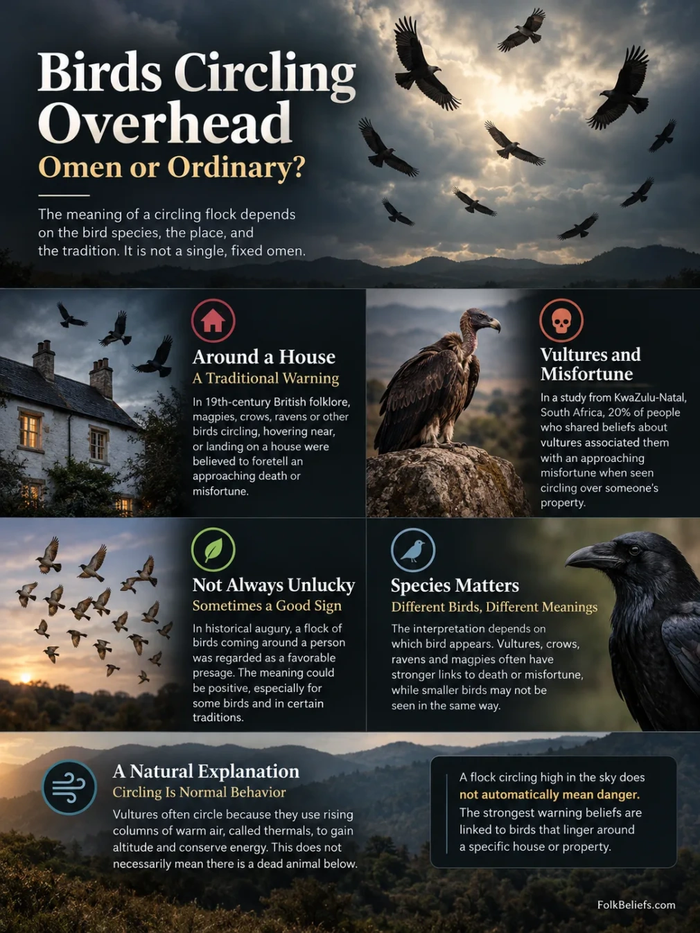 Flock circling overhead is often linked to superstitions and believed to bring warnings or omens.