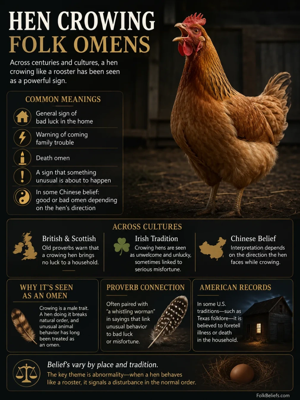 Hen crowing superstition believed to bring good luck and warn of important events in folk traditions.