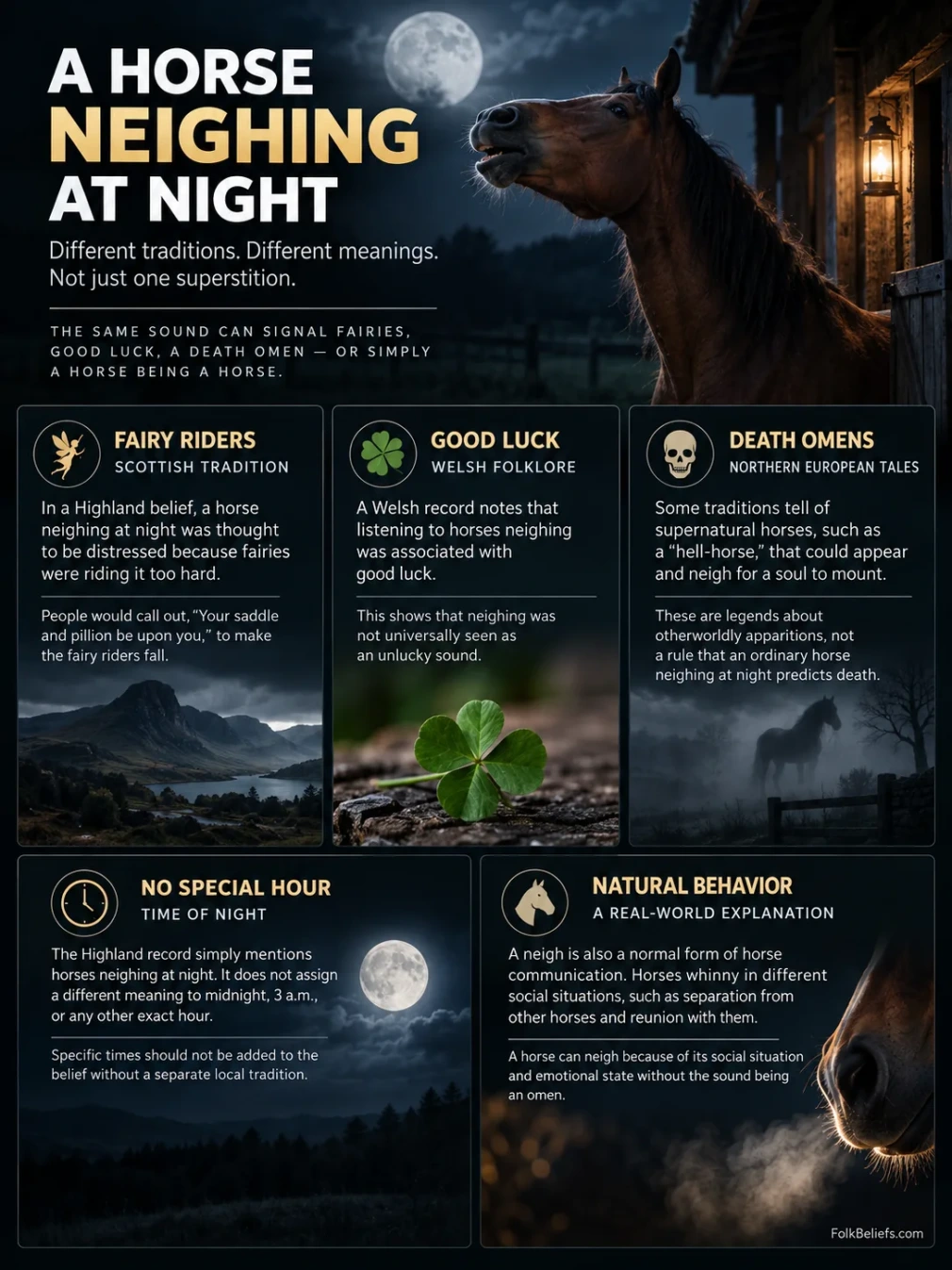 A horse neighs at night, linked to various superstitions and believed to signal different omens or events.
