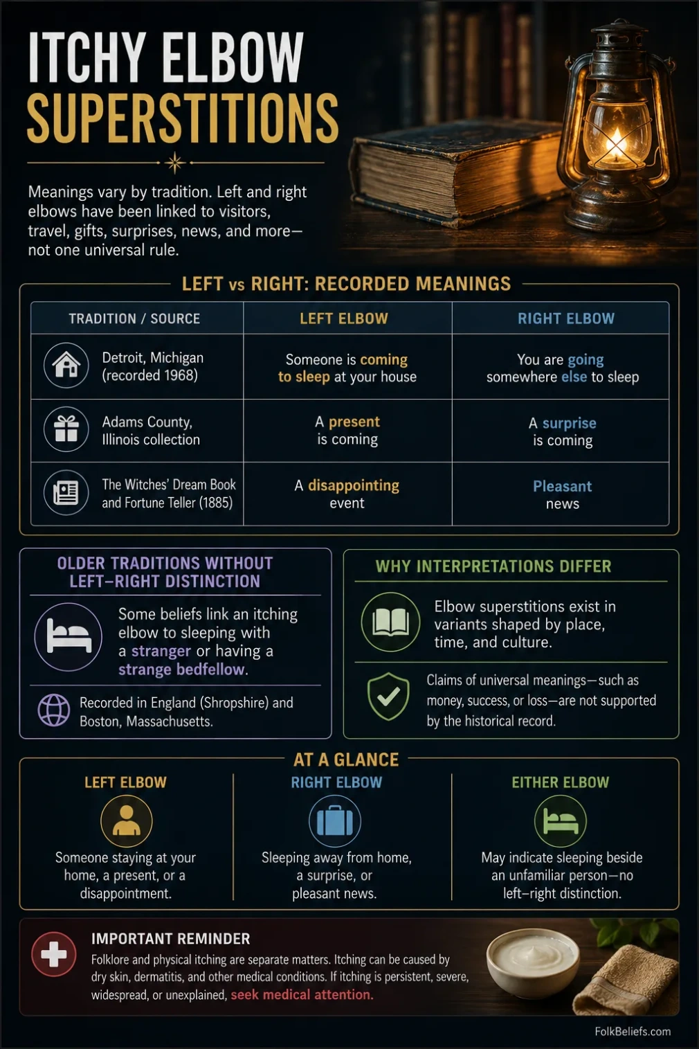 Colorful infographic explaining superstitions about itchy elbows, especially the differences between left and right.