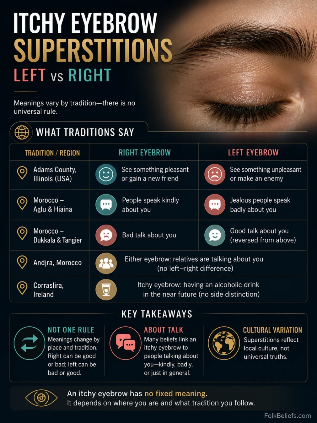 Itchy eyebrow superstitions explore different meanings for left and right itchiness based on tradition.