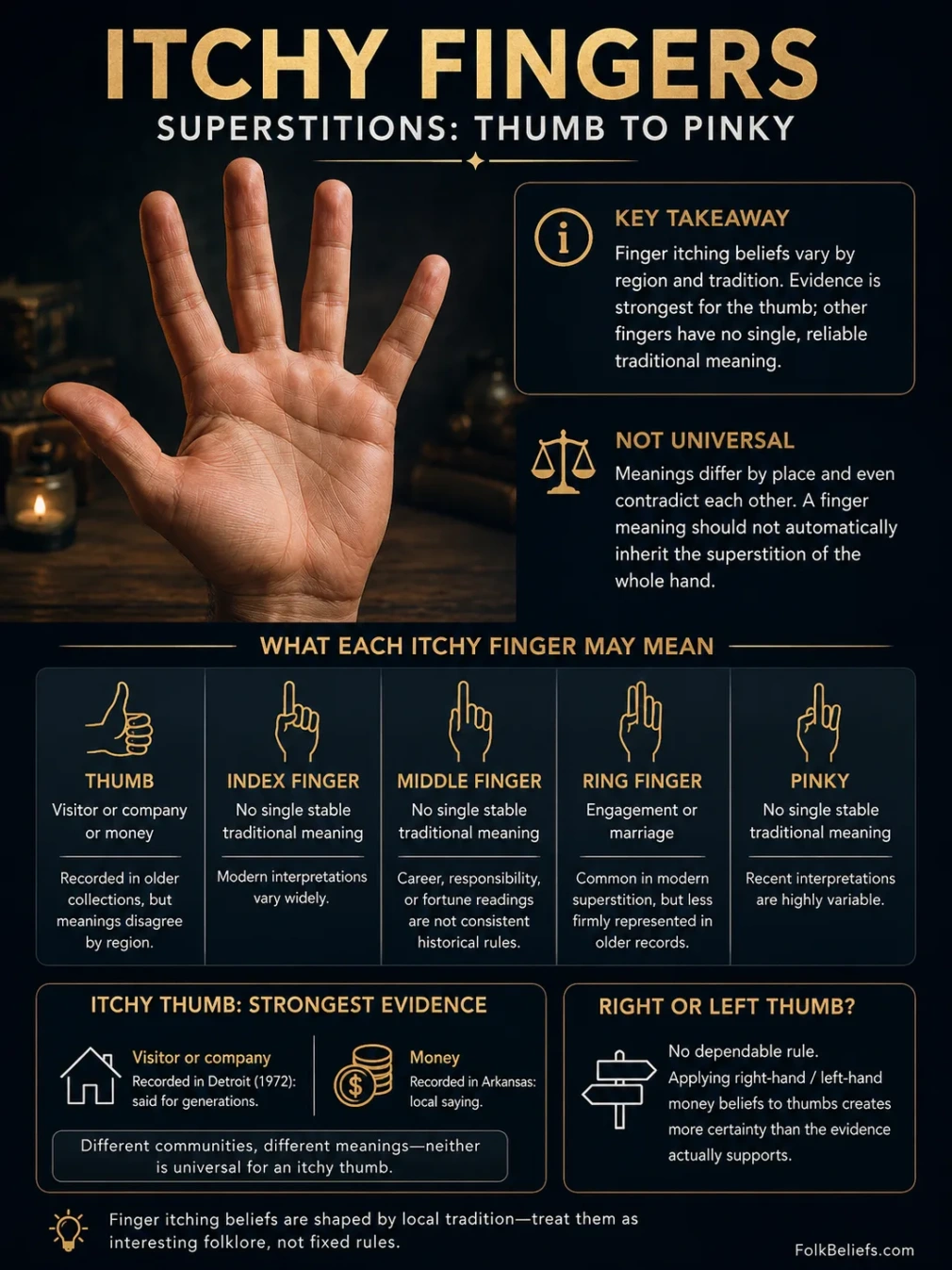 Close-up of hand showing itchy fingers from thumb to pinky, symbolizing superstition about finger itching and luck.