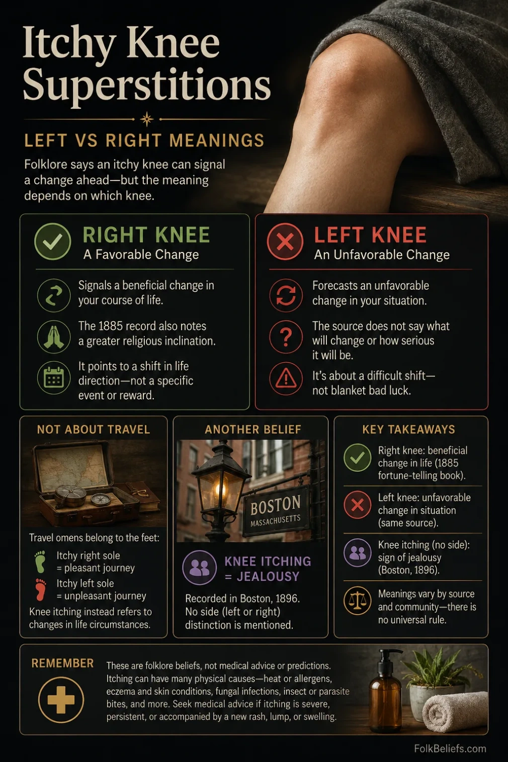 Infographic comparing left and right itchy knee superstitions and their meanings.