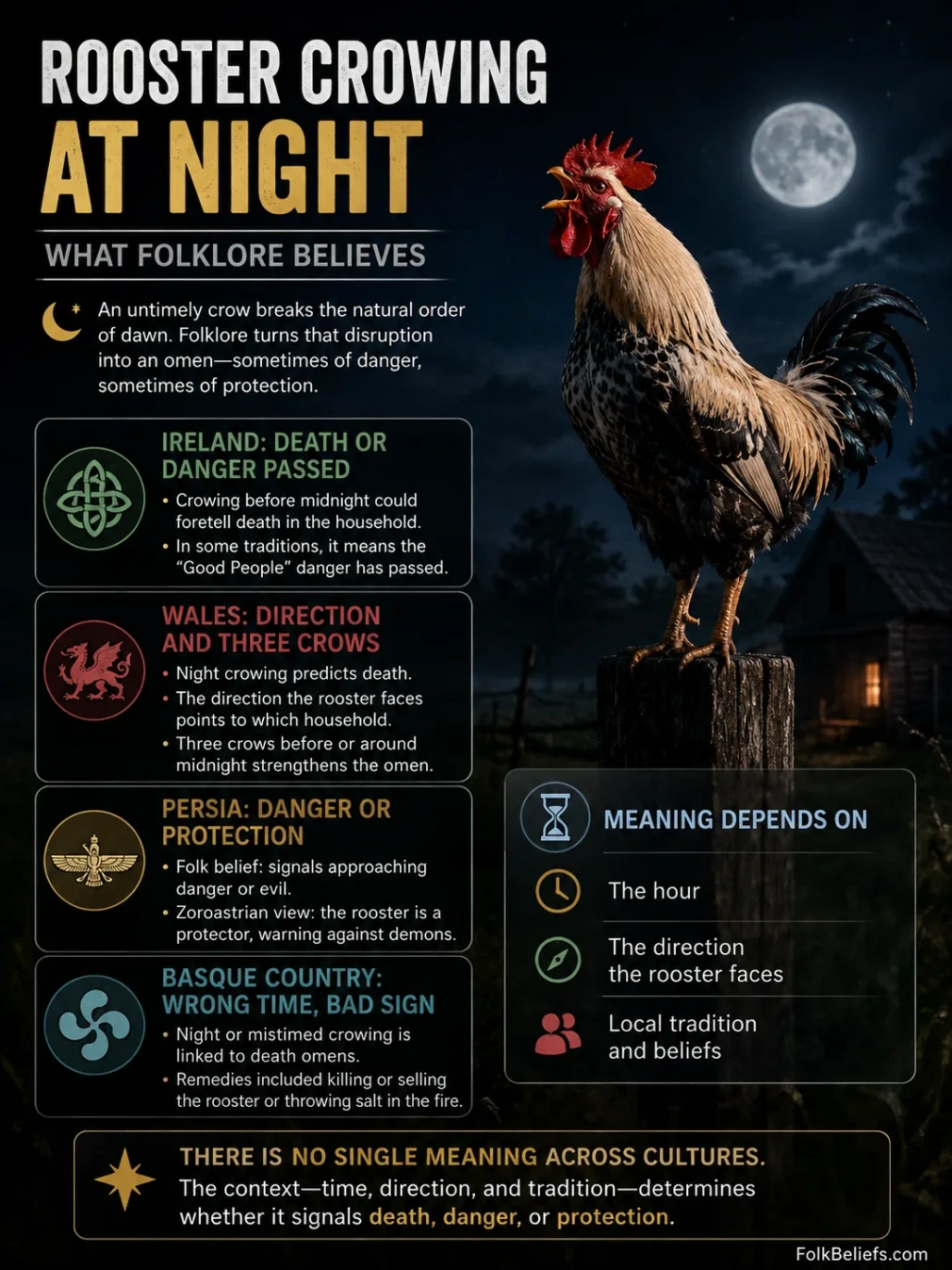 Rooster crowing at night seen as a superstition believed to bring bad luck or specific omens.