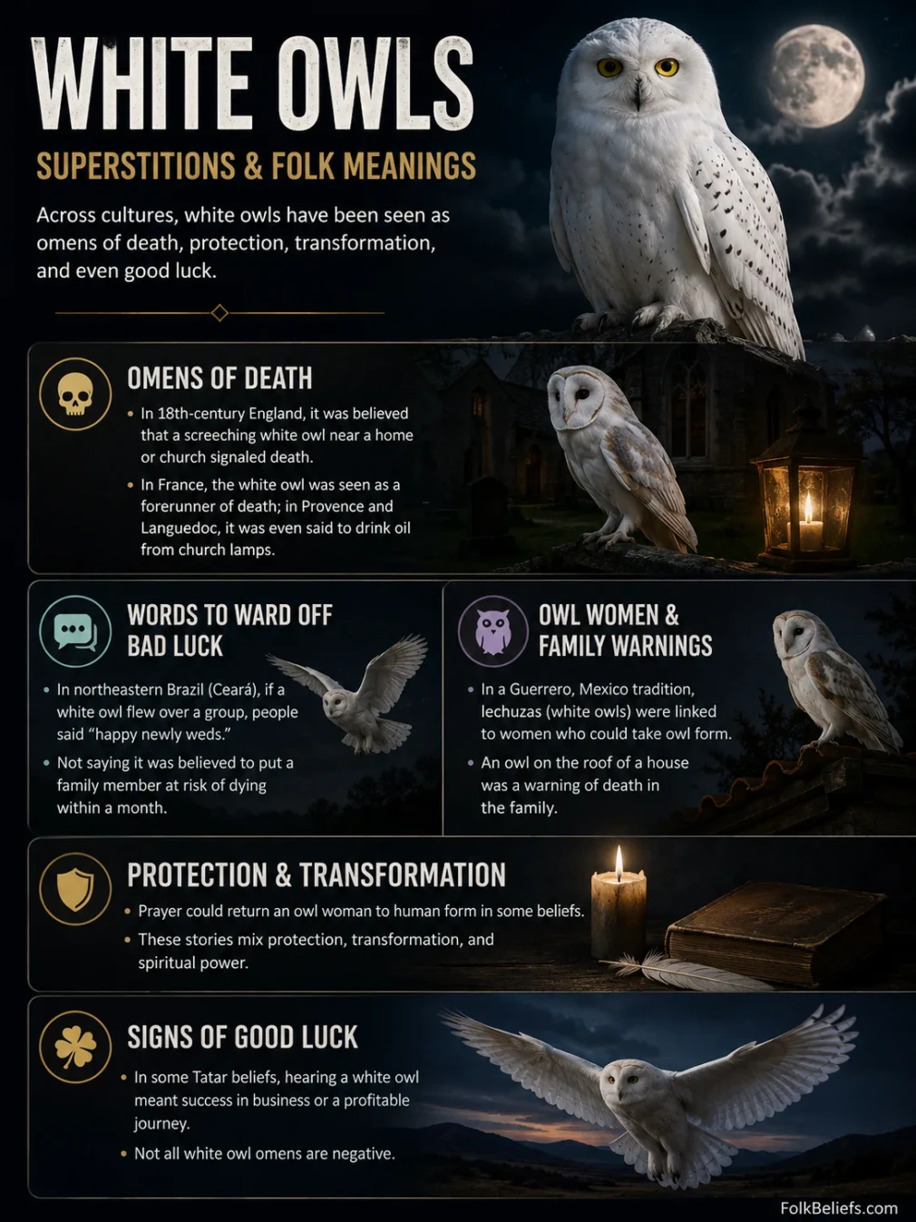 White owl symbols in superstitions and folklore, representing various messages and beliefs across cultures.