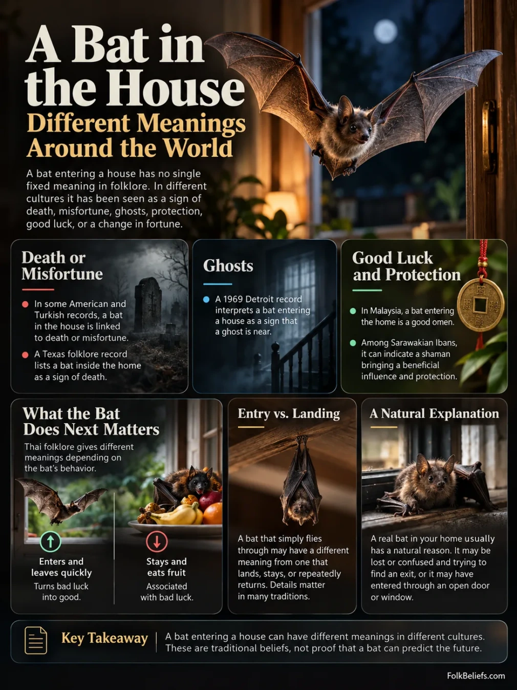 Bat entering the house is considered a superstition believed to bring good luck or bad omens.