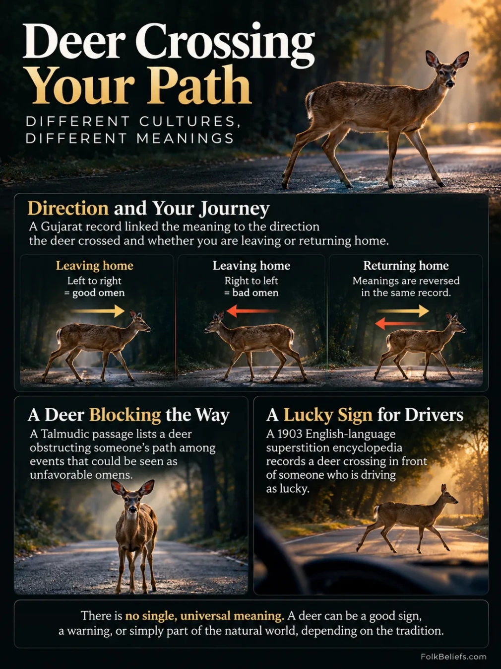 Deer crossing your path superstition shown with a warning sign and a deer in a natural setting at night.