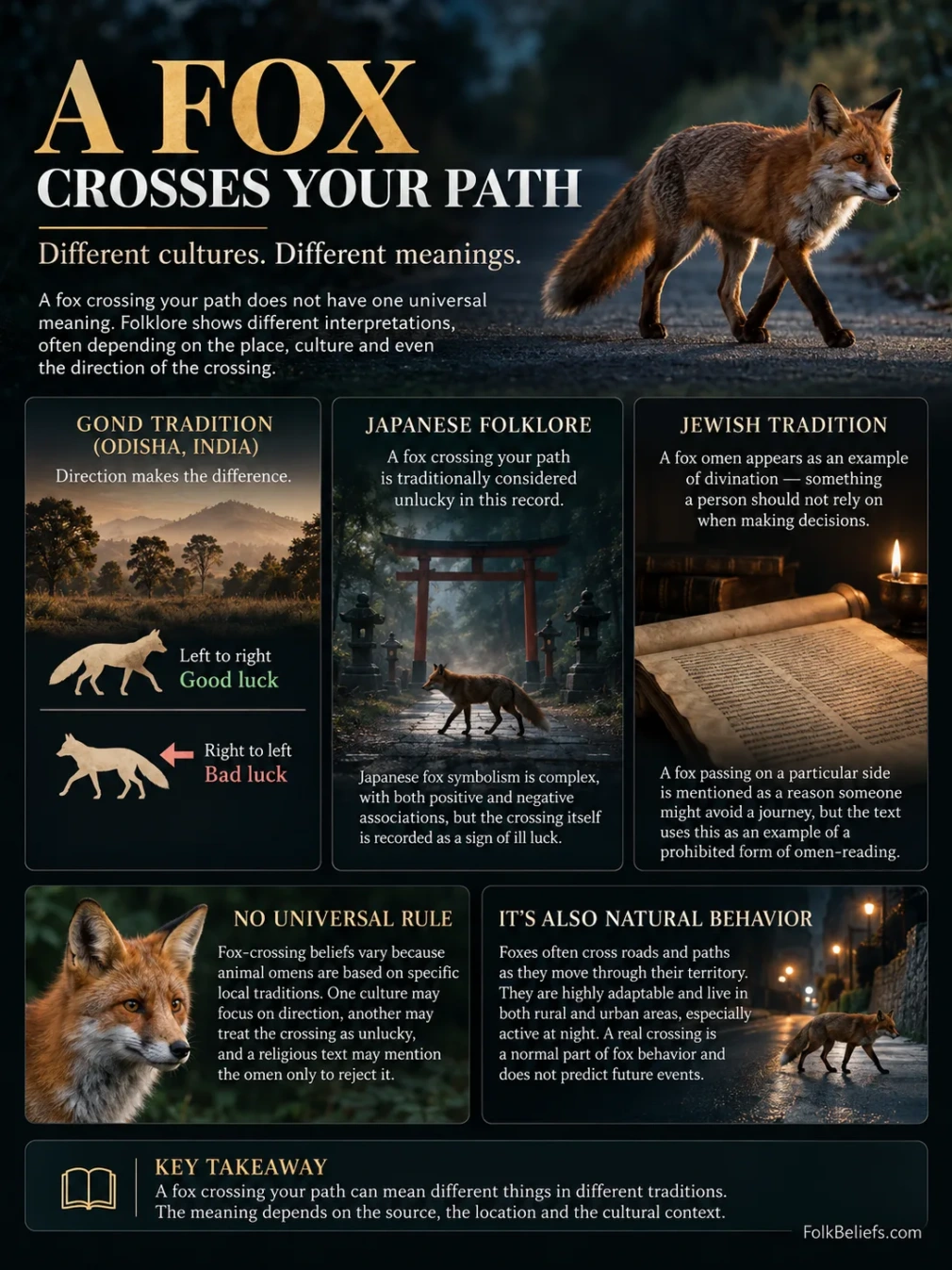 A person encounters a fox crossing the path, exploring superstitions and beliefs related to this animal.