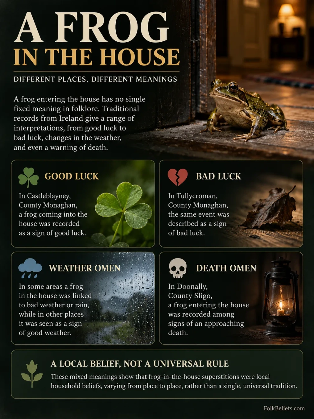 Frog entering a house seen as a superstition believed to bring good luck or bad omens.