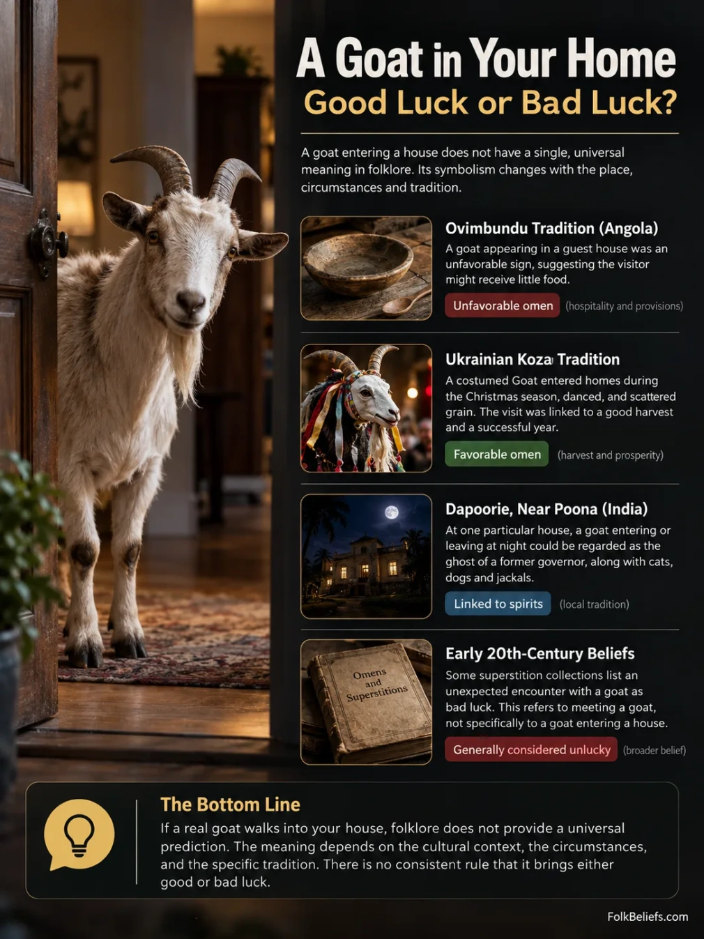 Goat entering the house is a common superstition believed to bring good luck or ward off evil spirits.