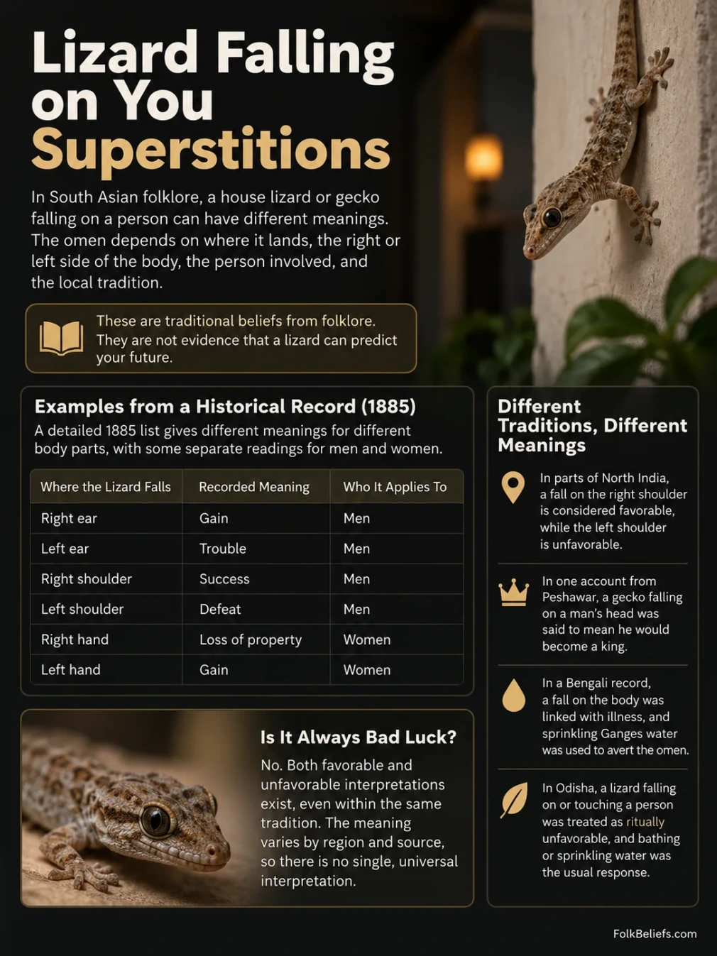 Lizard falling on you linked to various superstitions and cultural beliefs in different traditions.