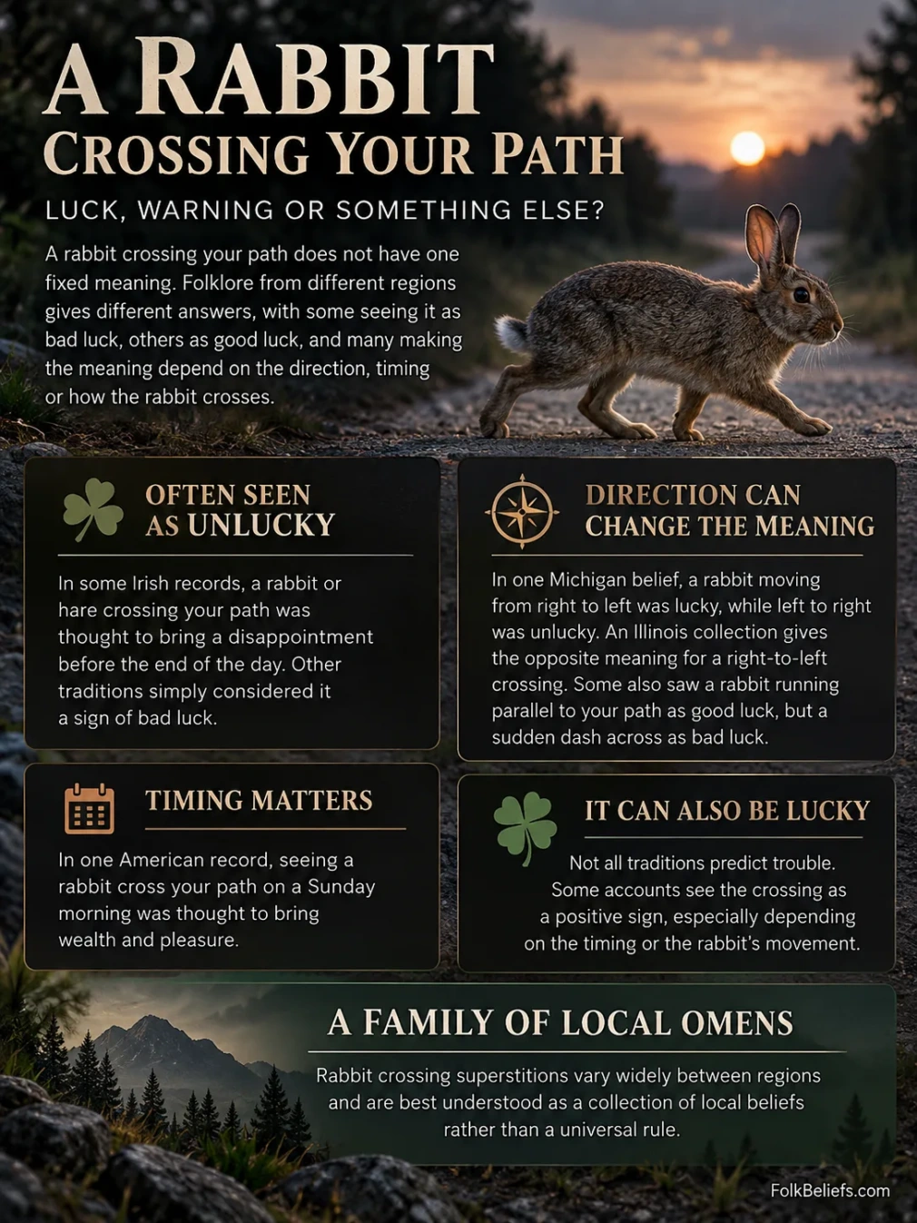 Various superstitions about a rabbit crossing your path, symbolizing luck or misfortune in different beliefs.