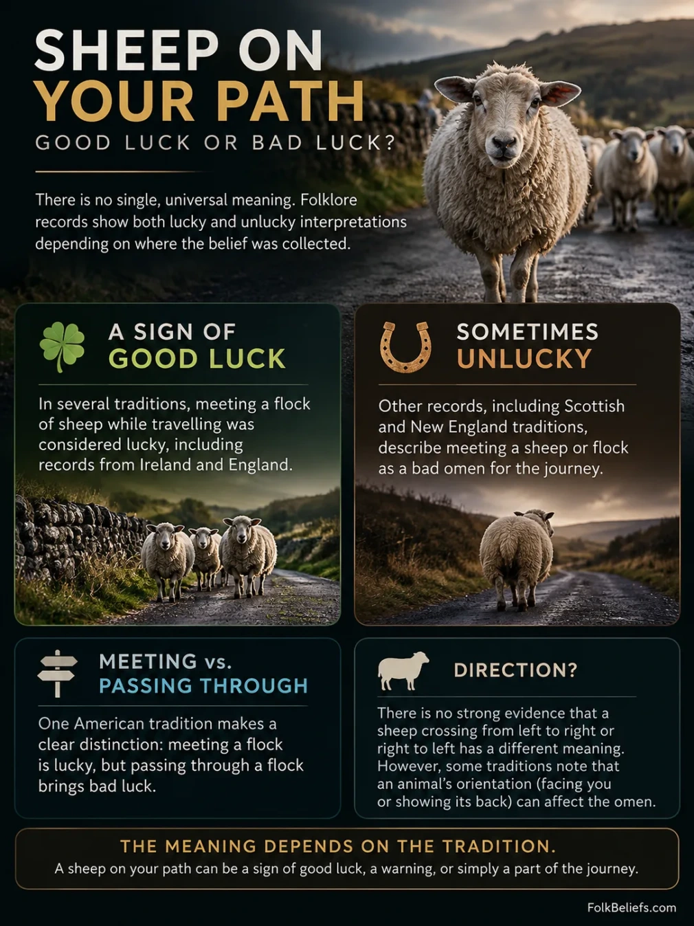 Various sheep crossing paths symbolizing superstitions about good and bad luck.