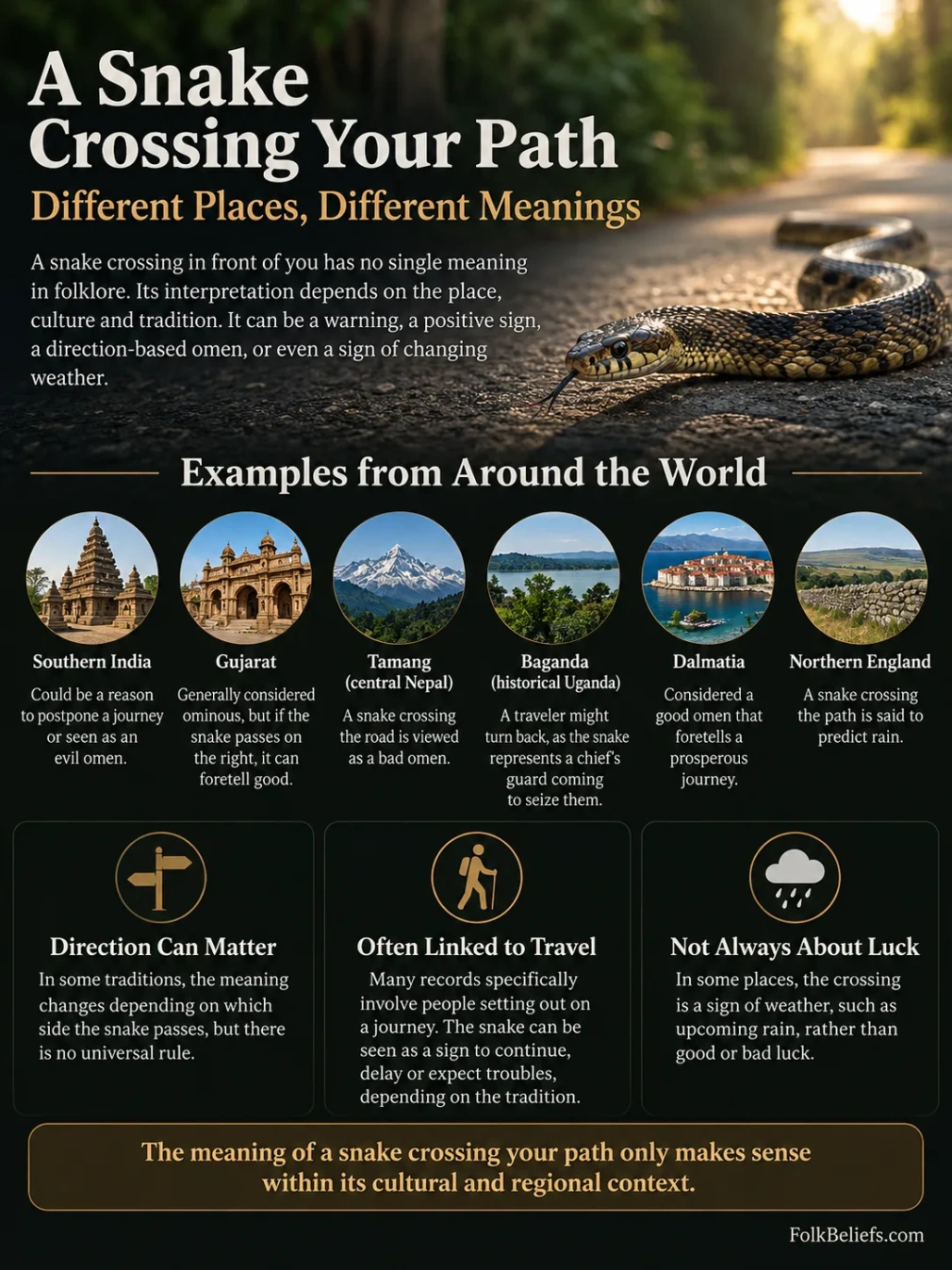 Various superstitions about snake crossing your path from around the world and their cultural meanings.