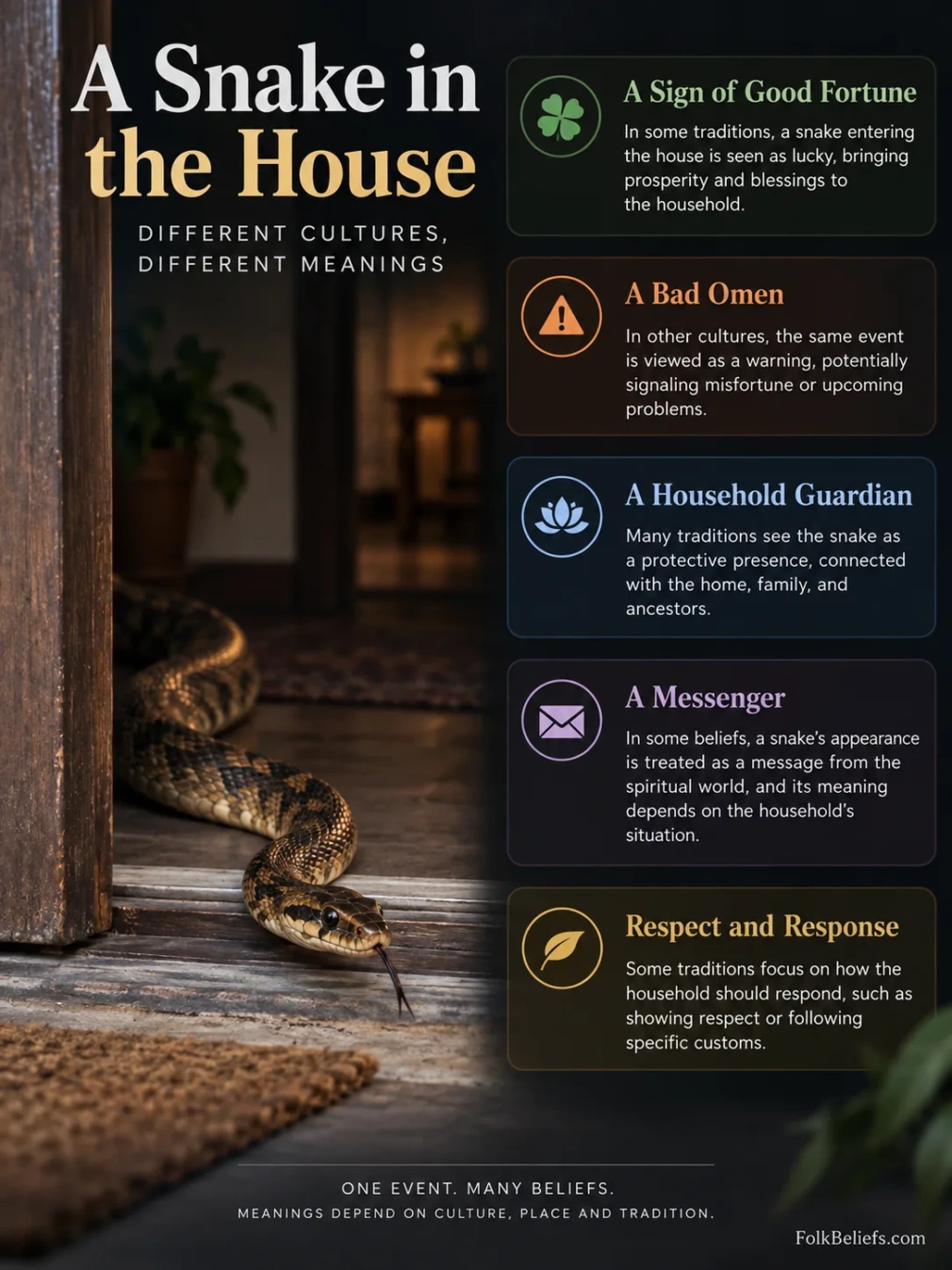 A snake enters a house, viewed as a superstition symbolizing luck, warning, or change in various cultures.