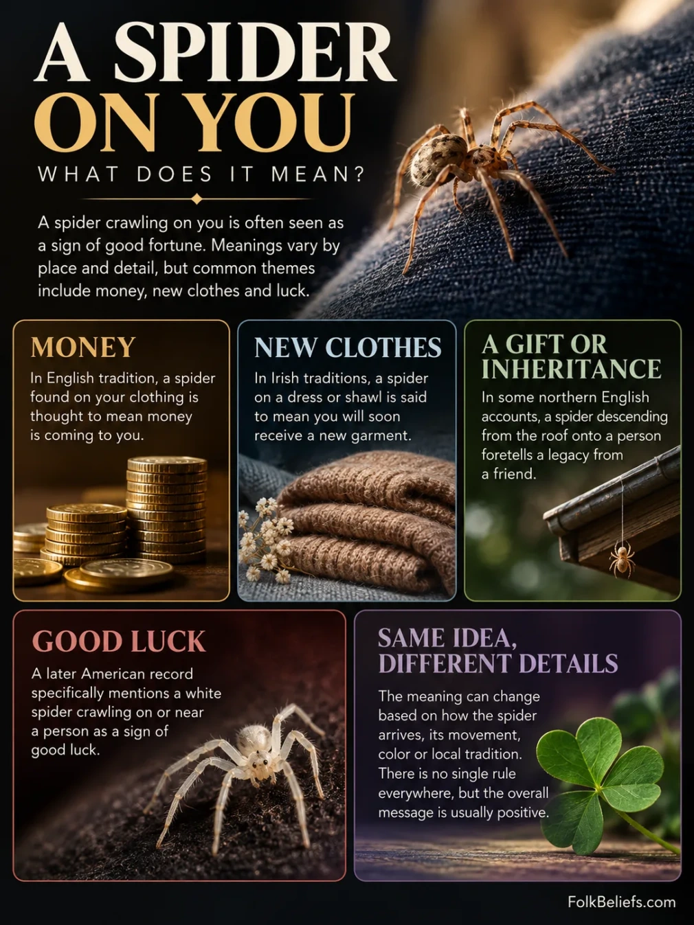 Spiders crawling on you often relate to superstitions about good luck or bad omens.