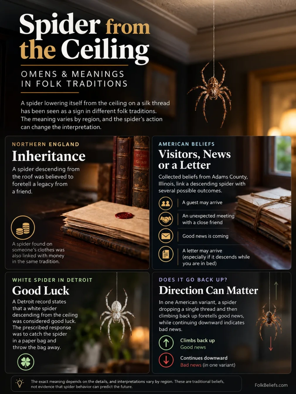 Spider descending from the ceiling is linked to superstitions about good luck and mystery.