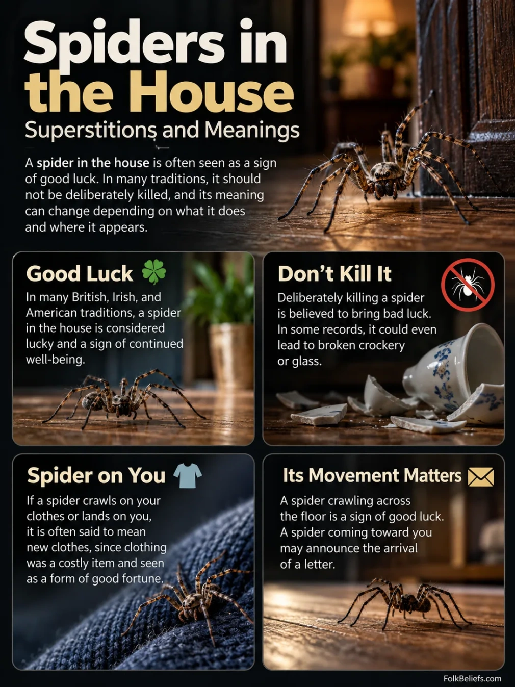 Spider in the house superstitions symbolizing good luck, preventing harm, and common beliefs about spiders indoors.