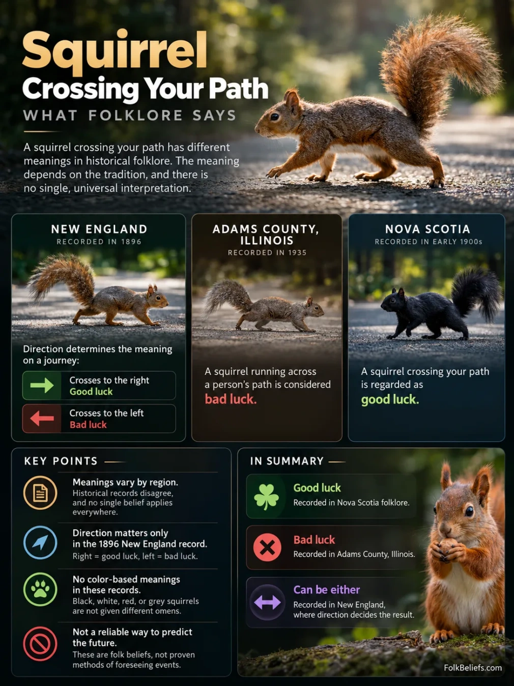 Small squirrel crossing the path, linked to superstitions about good luck or fortune.
